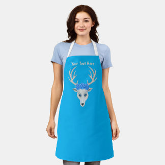 Fantasy White Deer Head Roses Blue Eyes Antlers Apron