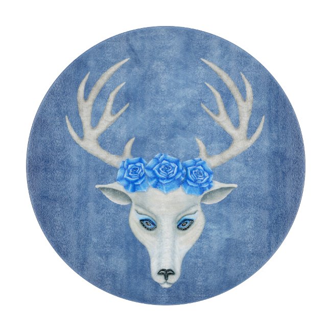 Fantasy White Deer Head Wearing Roses Antlers Blue