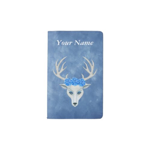 Fantasy White Deer Head Wearing Roses on Blue Pocket Moleskine Notebook