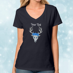 Fantasy white Deer Head With Antlers Blue Roses T-Shirt
