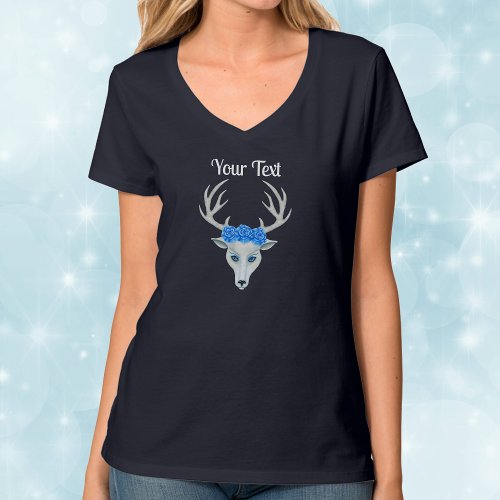 Fantasy white Deer Head With Antlers Blue Roses T_Shirt