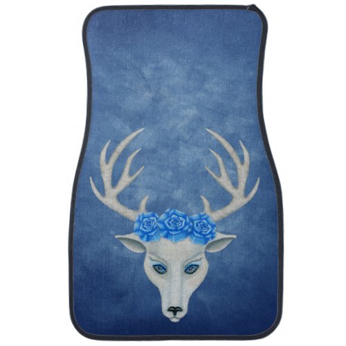 Fantasy White Deer Head With Roses Antlers on Blue Car Floor Mat