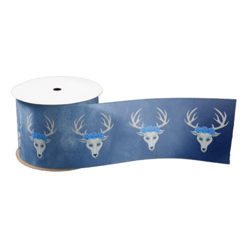 Fantasy White Deer Heads Antlers Roses Misty Blue Satin Ribbon