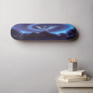 Fantasy White Dragon On Blue Mountain Skateboard Deck
