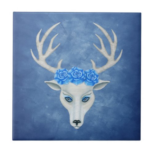 Fantasy White Head of a Deer Antlers Roses Blue Ceramic Tile