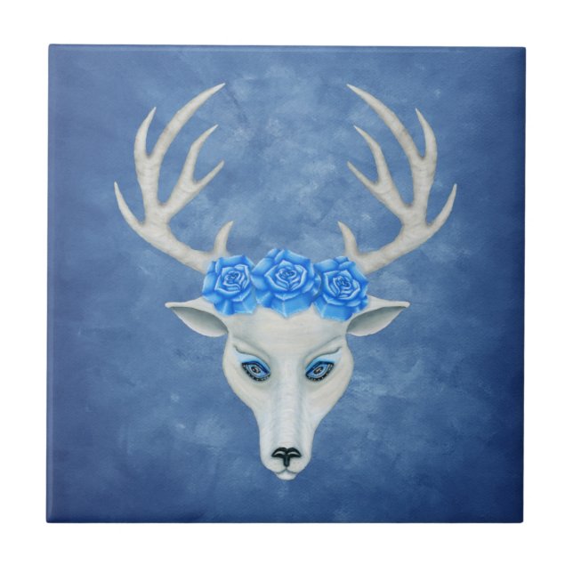Fantasy White Head of a Deer Antlers Roses Blue Ceramic Tile (Front)