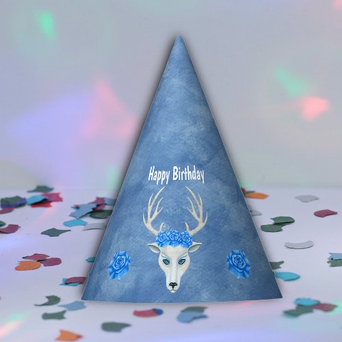 Fantasy White Head of Deer Antlers Blue Roses Party Hat