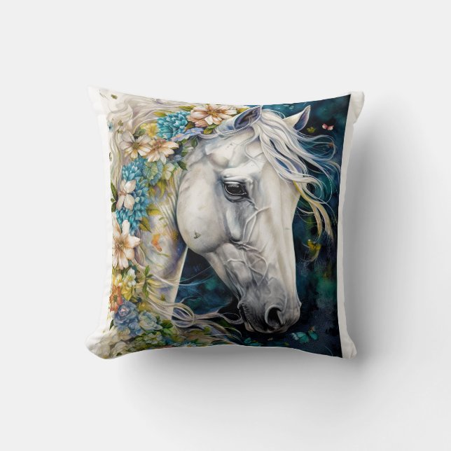 Fantasy White Horse decorated with flowers   Throw Pillow (Front)