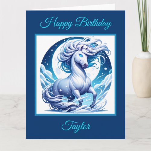 Fantasy White Horse in the Snow Birthday Card