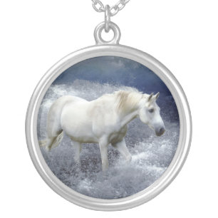 Fantasy White Horse & Ocean Surf Pendant Necklace