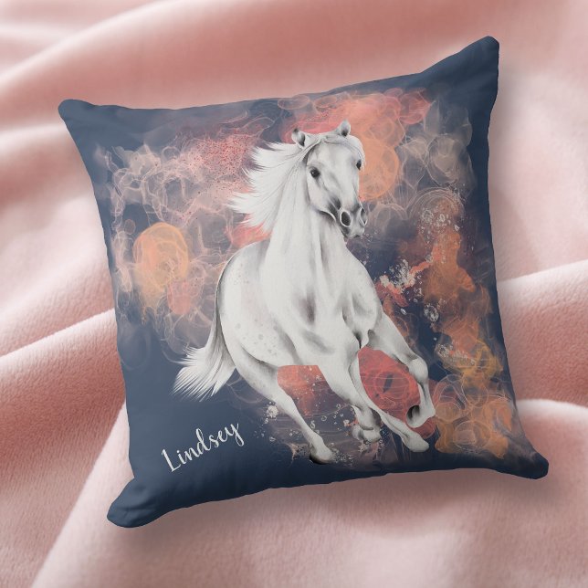 Fantasy White Horse Running Blue Throw Pillow (Creator Uploaded)