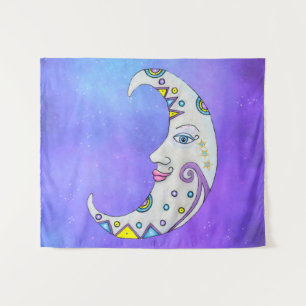 Fantasy White Moon Face Brightly Colored Accents Tapestry