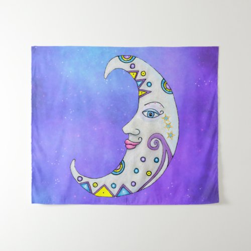 Fantasy White Moon Face Brightly Colored Accents Tapestry