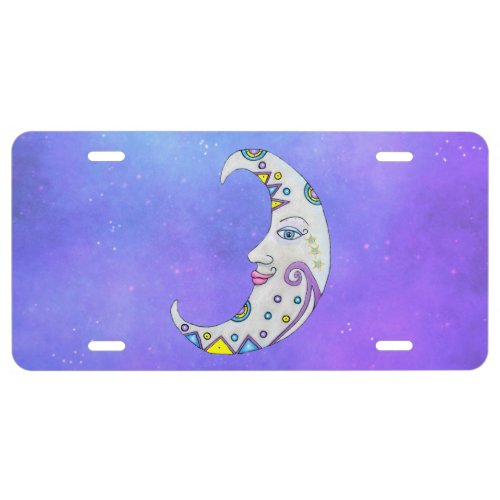 Fantasy White Moon Face Colorful Markings Purple License Plate