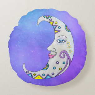 Fantasy White Moon Pretty Face Colorful Decoration Round Pillow