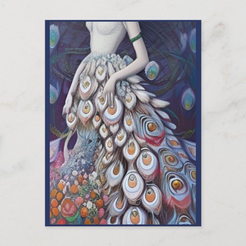 Fantasy White Peacock Wedding Dress Illustration Postcard