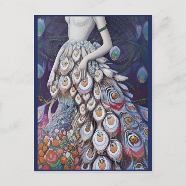 Fantasy White Peacock Wedding Dress Illustration Postcard (Front)