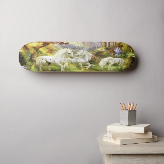 Fantasy White Unicorns In Field Skateboard Deck (Wall Art (Horz))