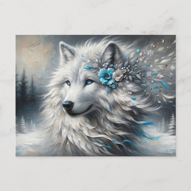 Fantasy White Wolf Winter Wonderland Postcard (Front)