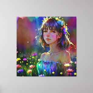 *~ Fantasy Wild Flowers AP56 Art Watercolor Girl Canvas Print