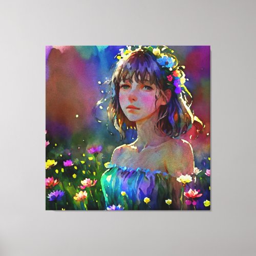   Fantasy Wild Flowers AP56  Art Watercolor Girl Canvas Print