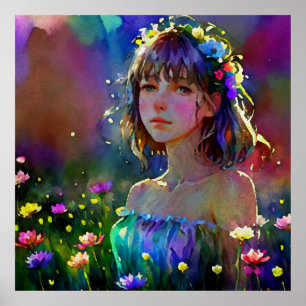 *~ Fantasy Wild Flowers AP56 Watercolor Art Girl Poster