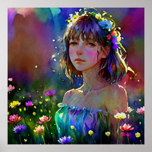   Fantasy Wild Flowers AP56 Watercolor Art  Girl Poster