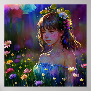 *~  Fantasy Wild Flowers Girl AP56 Watercolor Art Poster