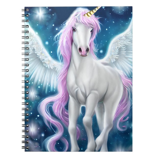 Fantasy Winged Unicorn with Pink Hair Notebook (Front)