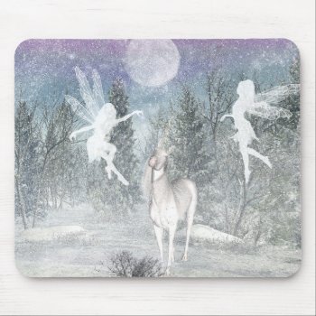 Fantasy Winter Fairies And Unicorn Mousepad by RenderlyYours at Zazzle