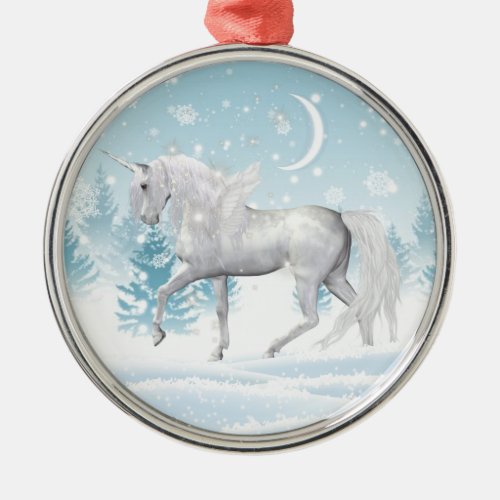 Fantasy Winter Pegasus Unicorn In Snow Metal Ornament