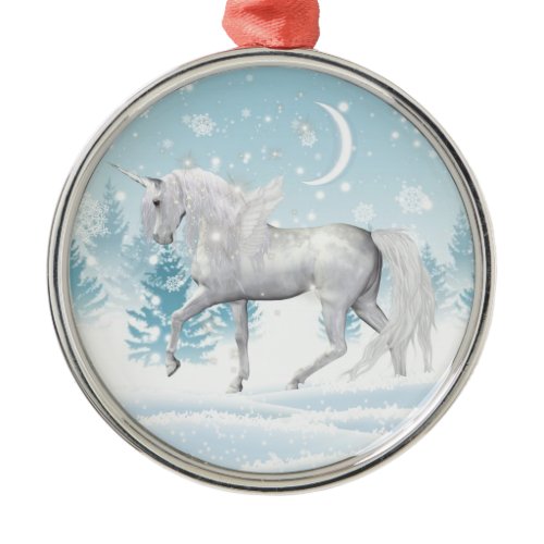 Fantasy Winter Pegasus Unicorn In Snow Metal Ornament