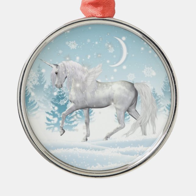 Fantasy Winter Pegasus Unicorn In Snow Metal Ornament (Front)