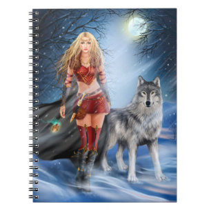 Fantasy Winter Woman Warrior Princess and wolf Notebook