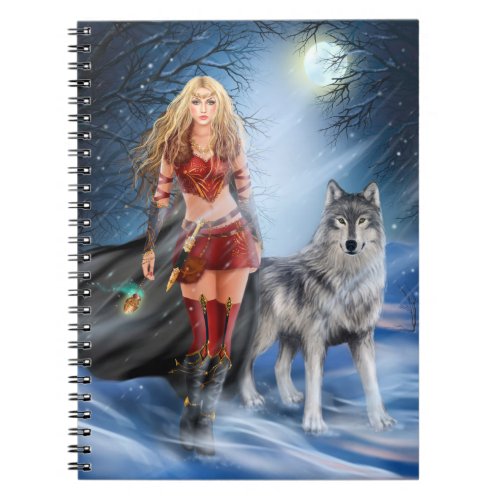 Fantasy Winter Woman Warrior Princess and wolf Notebook