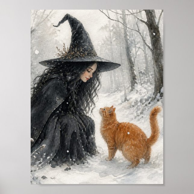 Fantasy Witch and Ginger Cat in Winter Forest Poster (Front)