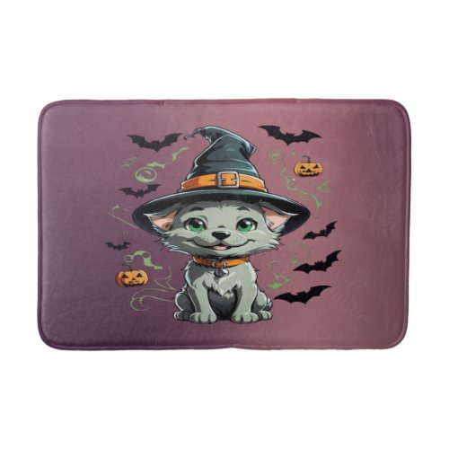 Fantasy Witch Hat Puppy Halloween Pumpkin and Bats Bath Mat