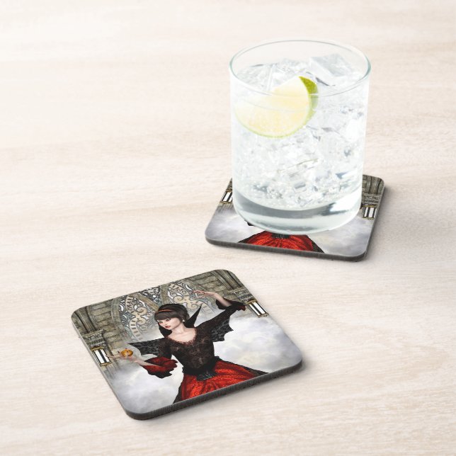 Fantasy Witch - Medieval Castle Halloween Art Beverage Coaster (Right Side)