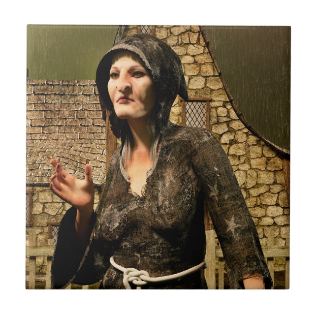 Fantasy Witch Medieval Village Halloween Ceramic Tile (Front)