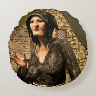 Fantasy Witch Medieval Village Halloween Round Pillow