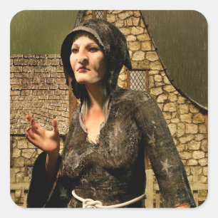 Fantasy Witch Medieval Village Halloween Square Sticker