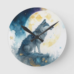 Fantasy Wolf & Gold Stars Artistic Large Wall Round Clock