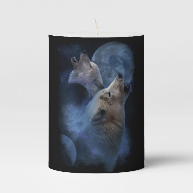 Fantasy Wolf Moon Mountain Pillar Candle (Front)