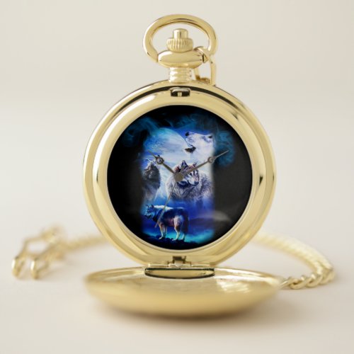 Fantasy Wolf Moon Mountain Pocket Watch