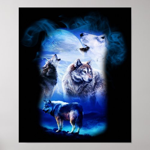 Fantasy Wolf Moon Mountain Poster