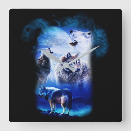 Fantasy Wolf Moon Mountain Square Wall Clock