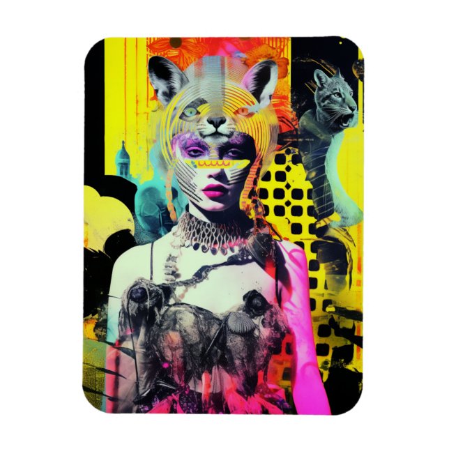 Fantasy Woman and Animals Colorful Collage Magnet (Vertical)