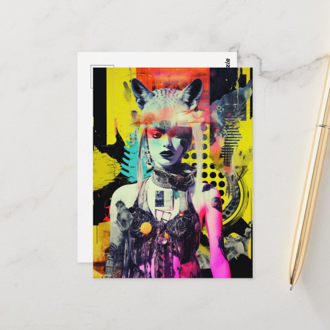 Fantasy Woman and Animals Colorful Collage Postcard (Front/Back In Situ)