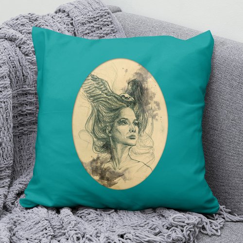 Fantasy Woman face Bird skull Wings Surreal art Throw Pillow