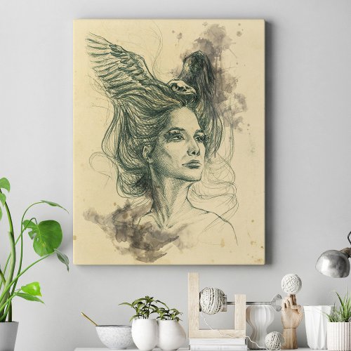 Fantasy Woman portrait Bird skull Wings Surreal Canvas Print